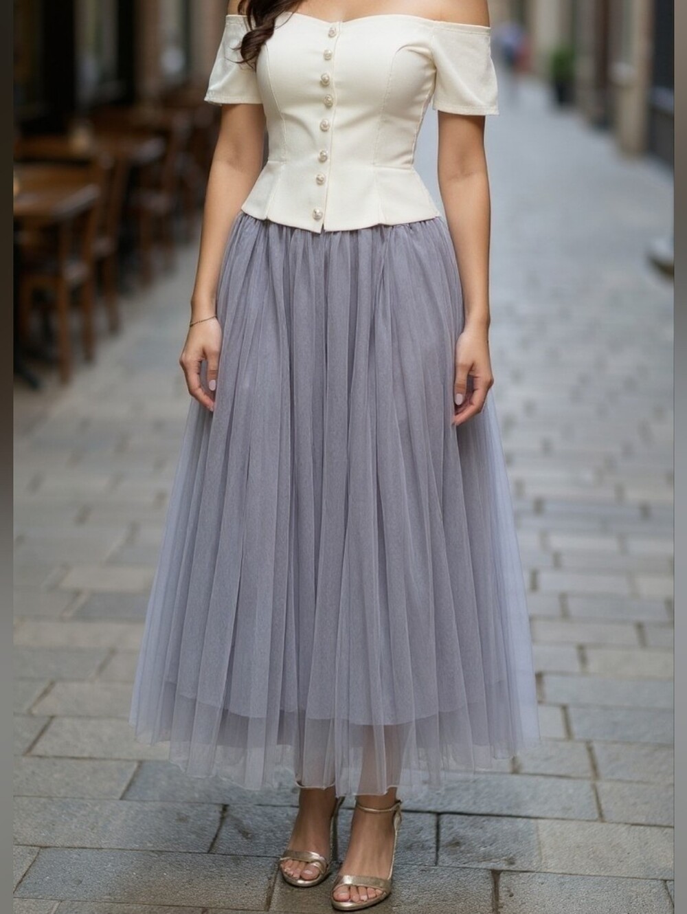 Beulah Style Periwinkle Grey Pleated A-Line Dreamy Feminine Tulle Skirt